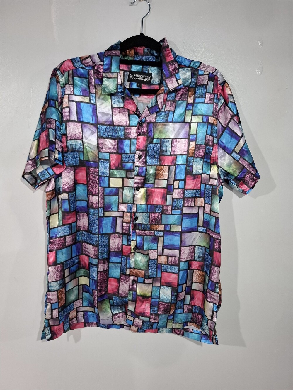 Fresh Prints of Bel-Air Mens Sz L Geometric 90s Retro Button Up Silky Shirt